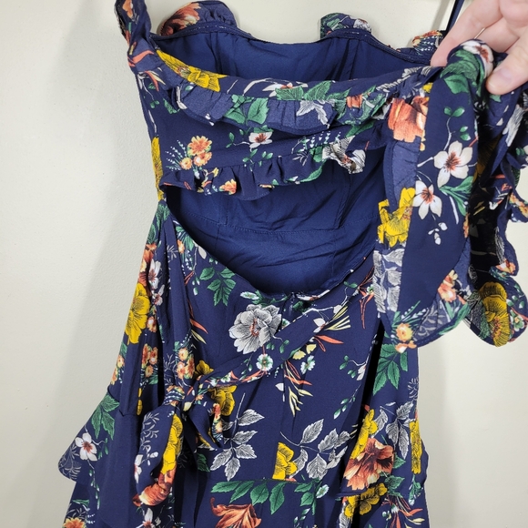 Showpo Navy Blue Floral Strapless Mini Dress Tie Back Ruffle 2 - Picture 5 of 12